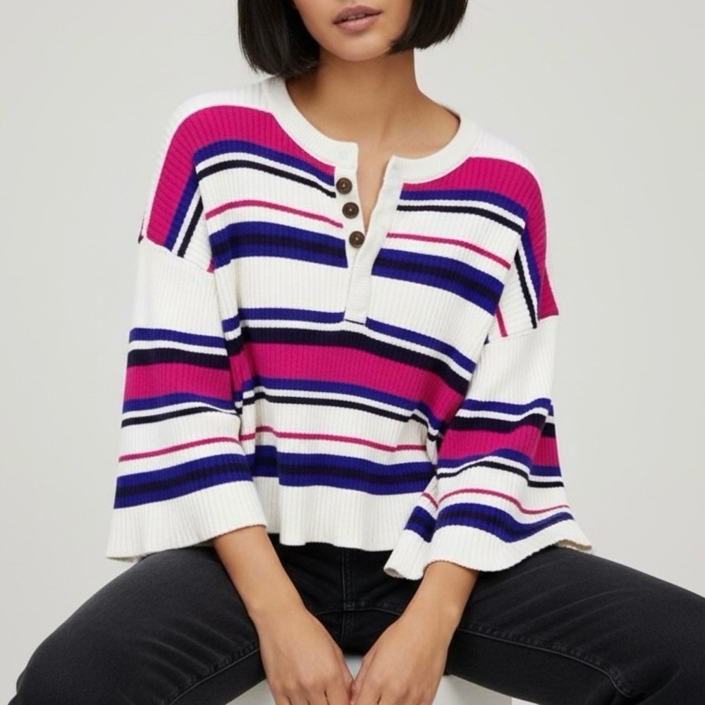 Urban Outfitters Ribbed Knit Henley Button Wide Sleeve Boxy Sweater Top Small